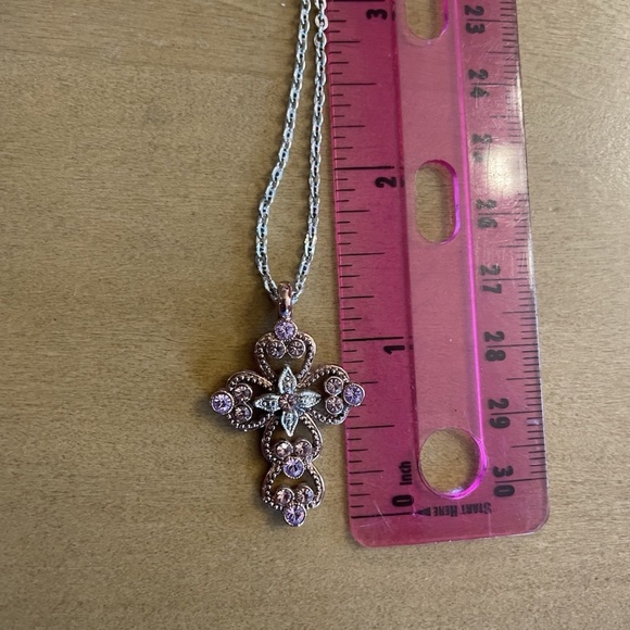 The Vatican Library Collection Rose Gold 1" cross purple stones silver 25" chain - Picture 5 of 6